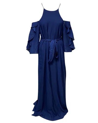 Halston Seersucker Ruffled Long Dress With Belt In Blue Polyester