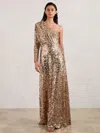 Halston Ramona One-shoulder Sequin Gown In Gold