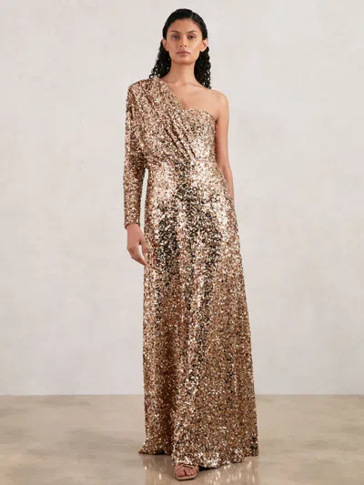 Halston Sequin One Shoulder Maxi Dress In Gold