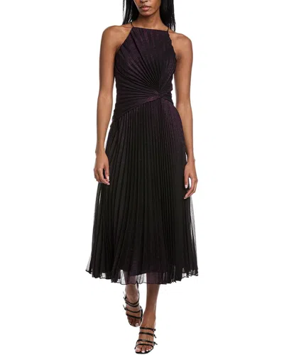 Halston Serenity Sleeveless Pleated Foil Chiffon Midi Dress In Black