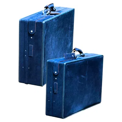 Pre-owned Halston Set Of Two  For Hartmann Luggage Blue Suede Motoring Suitcases With Keys