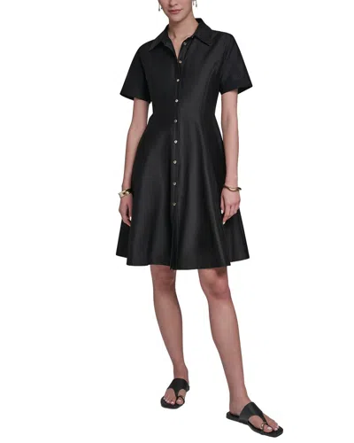 Halston Short Sleeve Button-up Sateen Shirtdress In Black