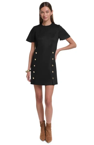 Halston Short Sleeve Suede Shift Dress In Black