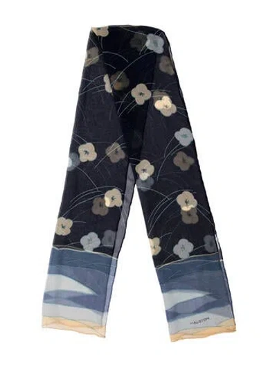 Pre-owned Halston Silk Floral Print Scarf In Blue