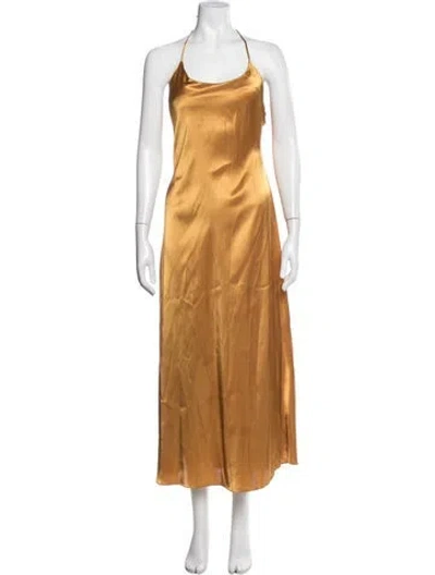 Pre-owned Halston Silk Long Dress In Brown