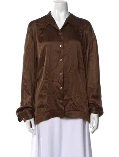 Pre-owned Halston Silk Long Sleeve Button-up Top In Brown
