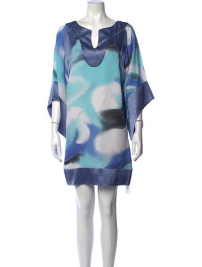 Pre-owned Halston Silk Mini Dress In Blue/white