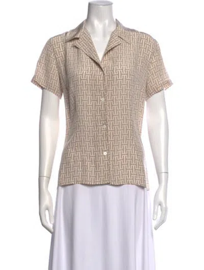 Pre-owned Halston Silk Patterned Button-up Top In Neutrals