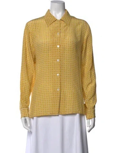 Pre-owned Halston Silk Printed Button-up Top In Yellow