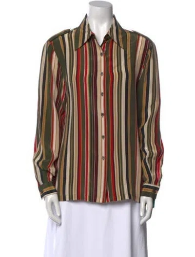 Pre-owned Halston Silk Striped Button-up Top In Multi
