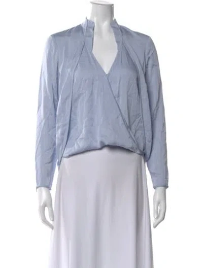 Pre-owned Halston Silk V-neck Blouse In Blue