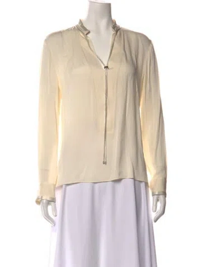 Pre-owned Halston Silk V-neck Blouse In Neutrals