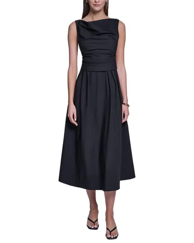 Halston Sleeveless Cotton Pleated Fit And Flare In Black