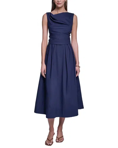 Halston Sleeveless Cotton Pleated Fit And Flare In Blue