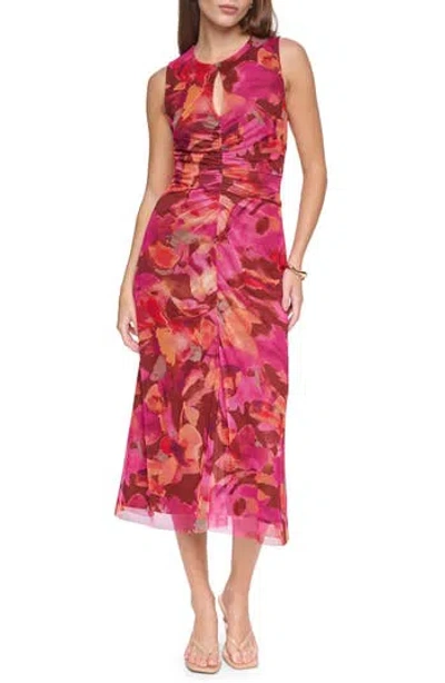 Halston Sleeveless Mesh Keyhole Dress In Multi