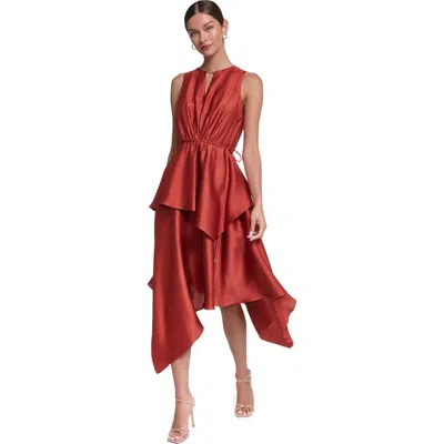 Halston Sleeveless Satin Midi Dress With Layered Skirt In Red