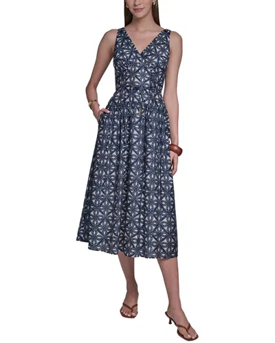 Halston Sleeveless V-neck Printed Linen-blend Sundress In Blz/blue Multi