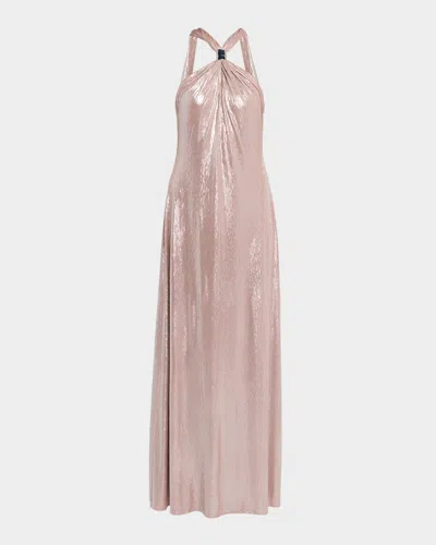 Halston Sofie Draped Metallic Jersey Halter Gown In Pink