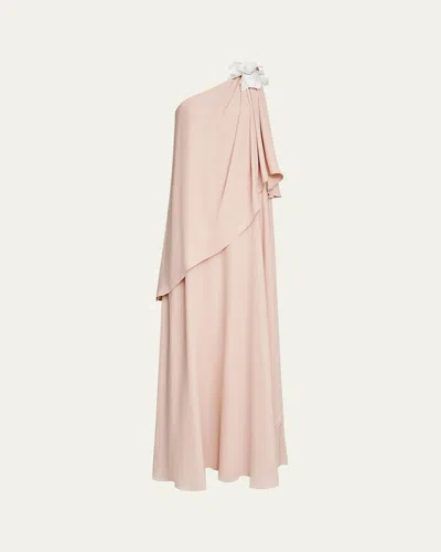 Halston Solena One-shoulder Georgette Gown In Nude