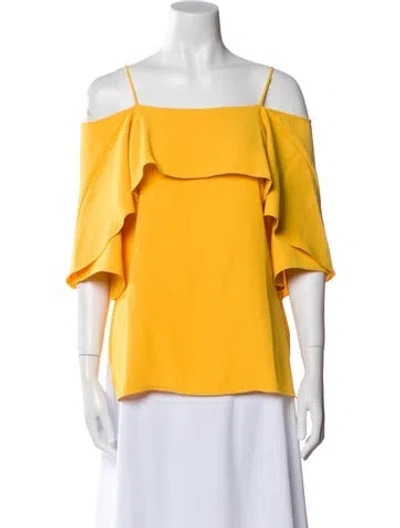 Pre-owned Halston Square Neckline Three-quarter Sleeve Blouse In Yellow