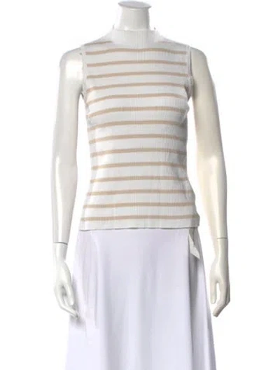 Pre-owned Halston Striped Mock Neck Top In White
