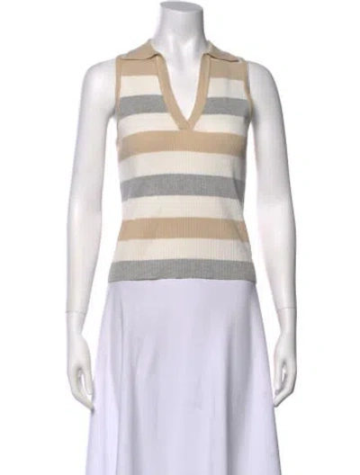 Pre-owned Halston Striped V-neck Crop Top In Neutral