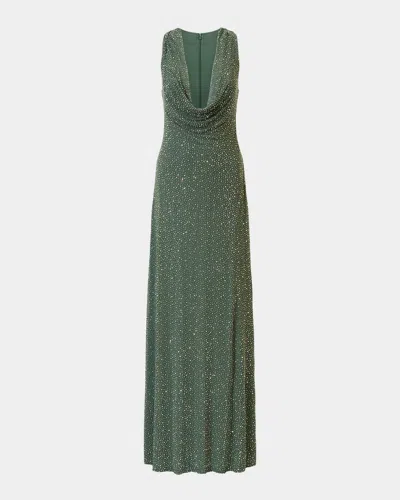 Halston Sunni Plunging Cowl-neck Crystal Mesh Gown In Green