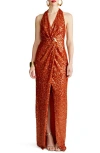 Halston Svetlana Pleated Sequin Column Gown In Rooibos