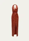 Halston Svetlana Pleated Sequin Column Gown In Rooibos