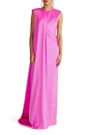 HALSTON TARA PLEAT DRAPE SATIN GOWN