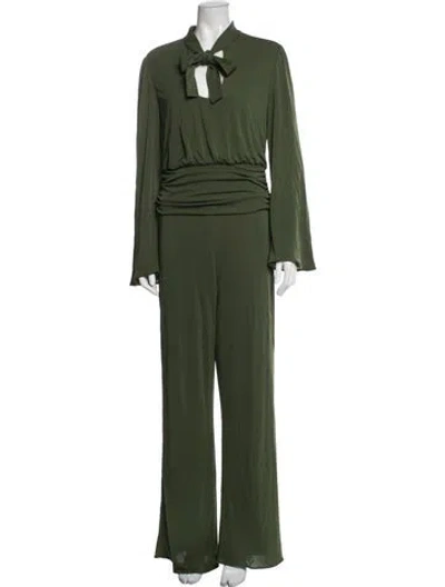Pre-owned Halston Tie Neck Jumpsuit In Green