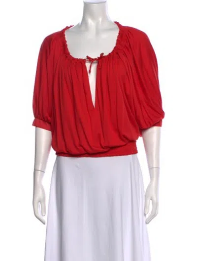 Pre-owned Halston Tie Neck Three-quarter Sleeve Top In Red