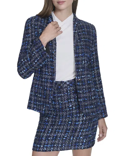 Halston Tweed Belted Blazer In Blue