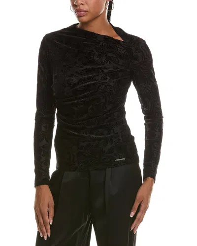Halston Velvet Paisley Long Sleeve Boat Neck Top In Black