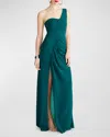 Halston Verdianna Ruched One-shoulder Crepe Gown In Lowden Green