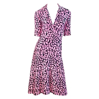Pre-owned Halston Vintage  1970s Rare Pig Print Pink Silk Jersey Vintage 70s Day Dress
