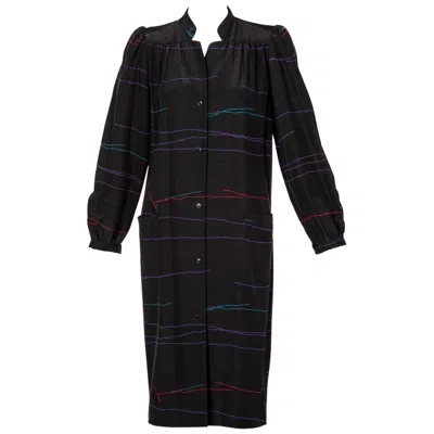 Pre-owned Halston Vintage  Black Abstract Striped Silk Dress Coat, 1970s