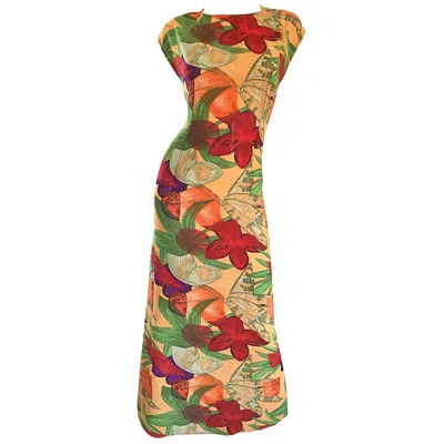 Pre-owned Halston Vintage  Gorgeous Size 8 Botanical Tropical Print Cap Sleeve Maxi Dress In Brown