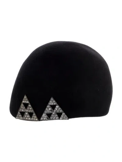 Pre-owned Halston Vintage Wool Crystal Embellished Hat In Black