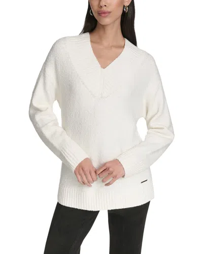 Halston V-neck Boucle Sweater In White