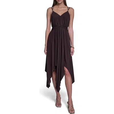 Halston V-neck Handkerchief Hem Dress In Brown