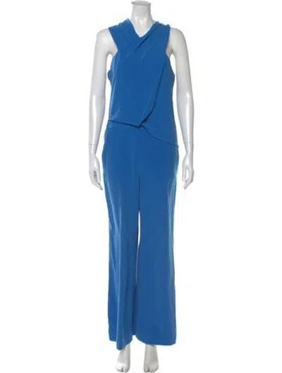 Pre-owned Halston V-neck Jumpsuit In Blue