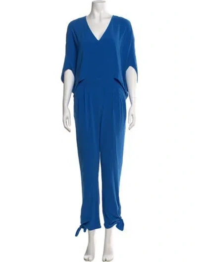 Pre-owned Halston V-neck Jumpsuit In Blue