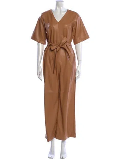 Pre-owned Halston V-neck Jumpsuit In Brown