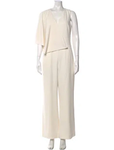 Pre-owned Halston V-neck Jumpsuit In White