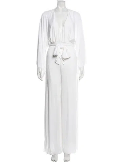 Pre-owned Halston V-neck Jumpsuit In White