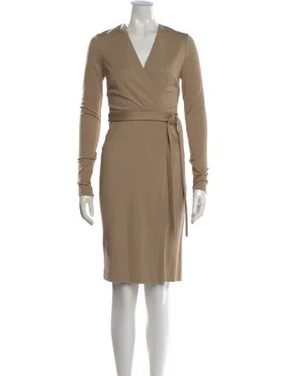Pre-owned Halston V-neck Knee-length Dress In Brown
