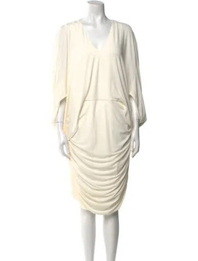 Pre-owned Halston V-neck Knee-length Dress In Neutral