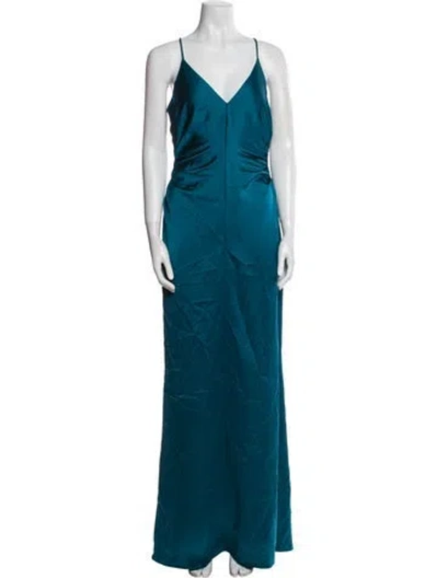 Pre-owned Halston V-neck Long Dress In Blue