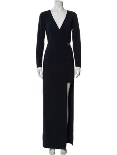 Pre-owned Halston V-neck Long Dress In Blue